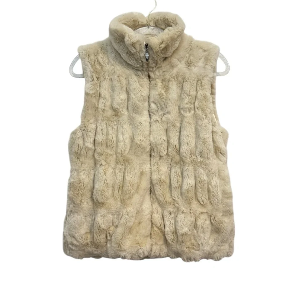 Regent Park Vest Faux Fur Cream Textured Funnel Neck Zip Up M